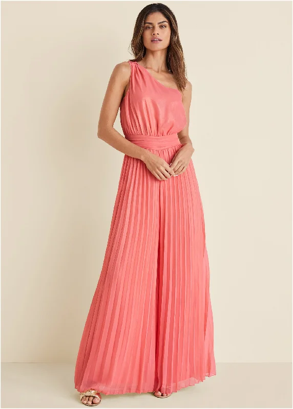 women's jumpsuits for cozy daysGold Foil Pleated Jumpsuit - Coral