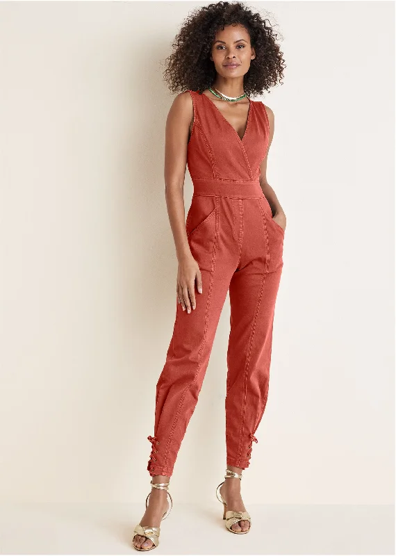 women's loose-fit jumpsuitsTwill Utility Jumpsuit - Burnt Orange