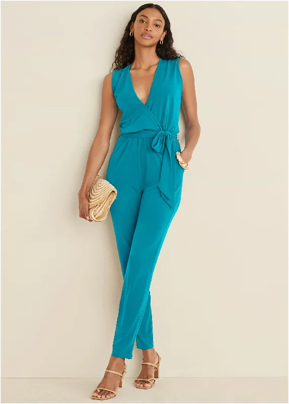 women's glam jumpsuitsWrap Tie Jumpsuit - Teal