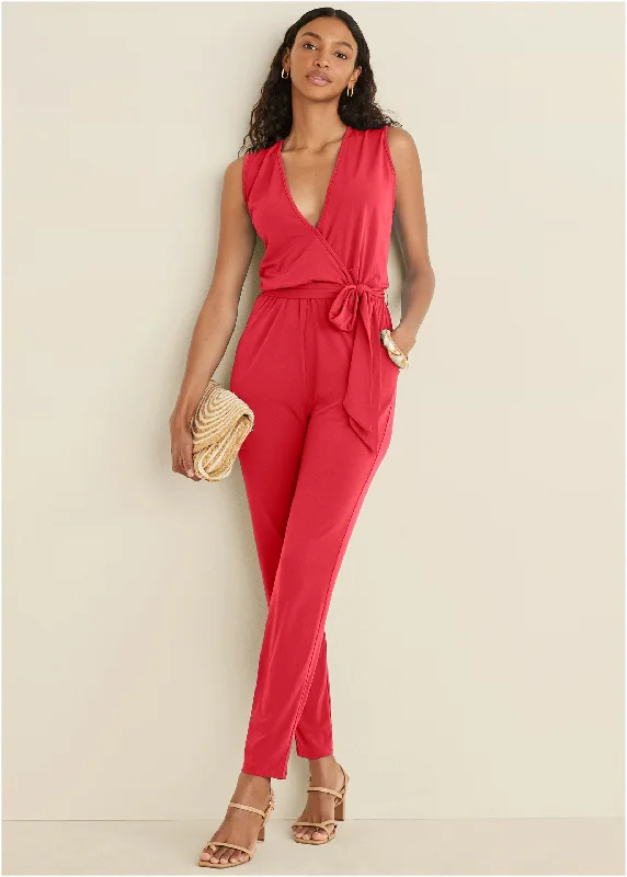 women's jumpsuits for easy dressingWrap Tie Jumpsuit - Red