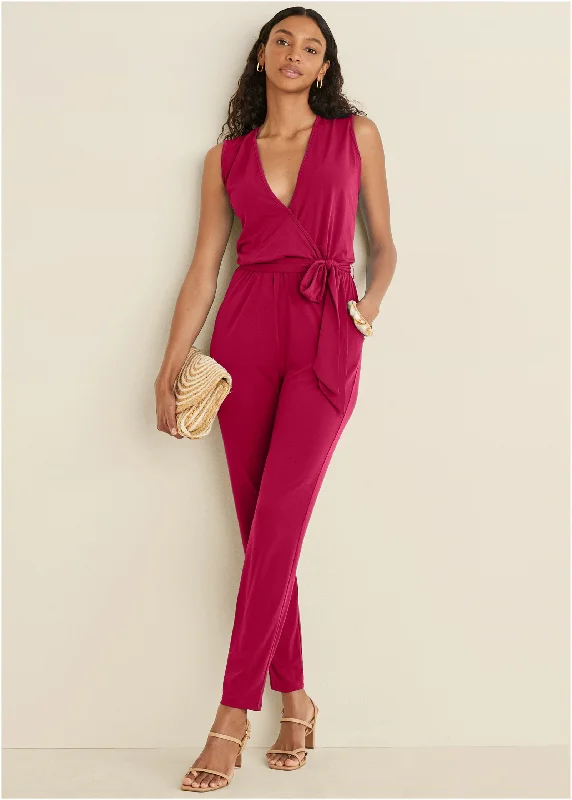 women's jumpsuits for moisture-wicking materialsWrap Tie Jumpsuit - Red