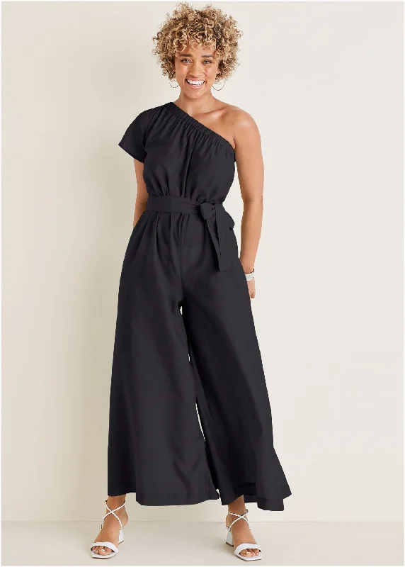 women's jumpsuits with off-the-shoulder sleevesOne Shoulder Jumpsuit - Black