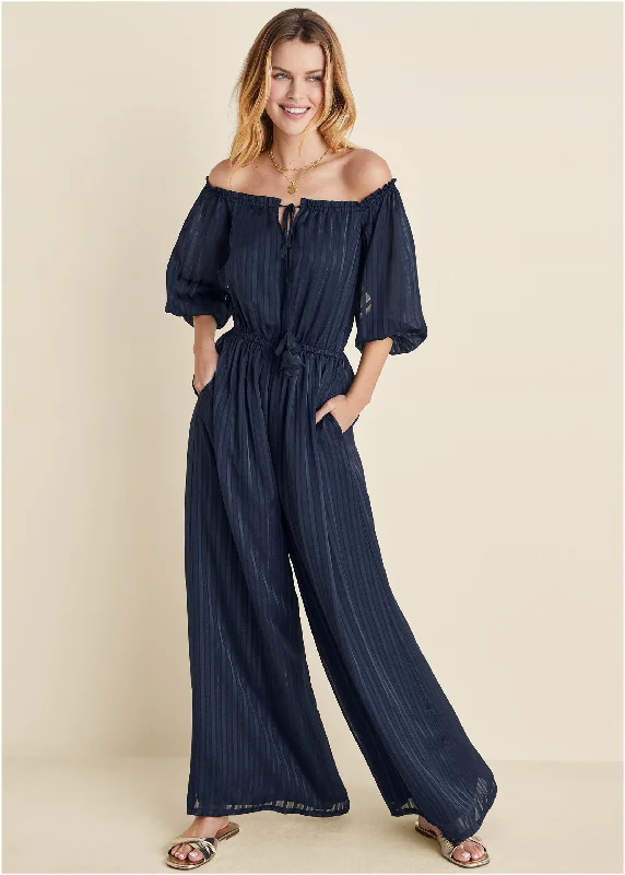 women's jumpsuits for ethical manufacturingOff-The-Shoulder Jumpsuit - Navy