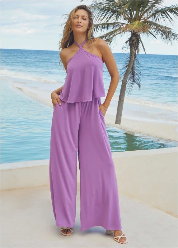 women's formal jumpsuitsCross Neck Jumpsuit - Purple