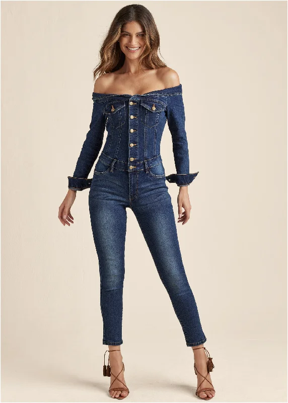 women's loose-fit jumpsuitsOff-The-Shoulder Denim Jumpsuit - Dark Wash