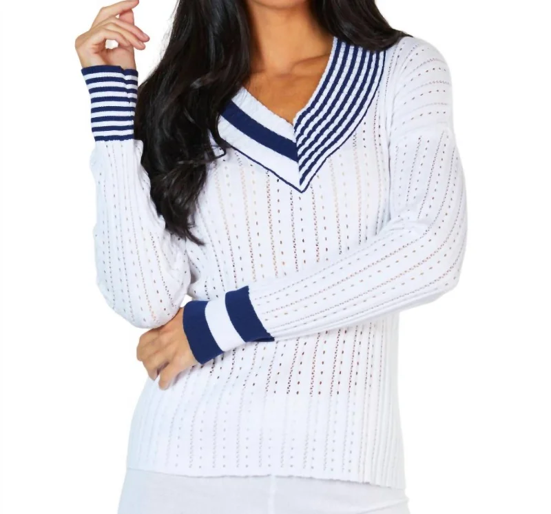 Embellished SweatersBraided V-Neck Sweater In White/navy