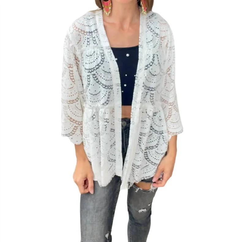 Retro Crewneck SweatersCrochet Midi Sleeve Kimono In White