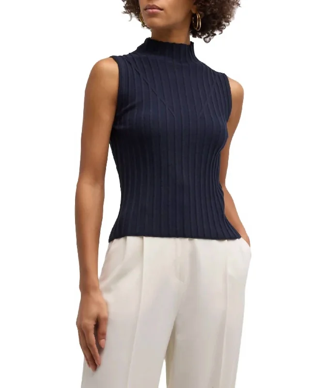 Turtle-Neck SweatersEsma Ribbed Mock Neck Sleeveless Sweater In Navy