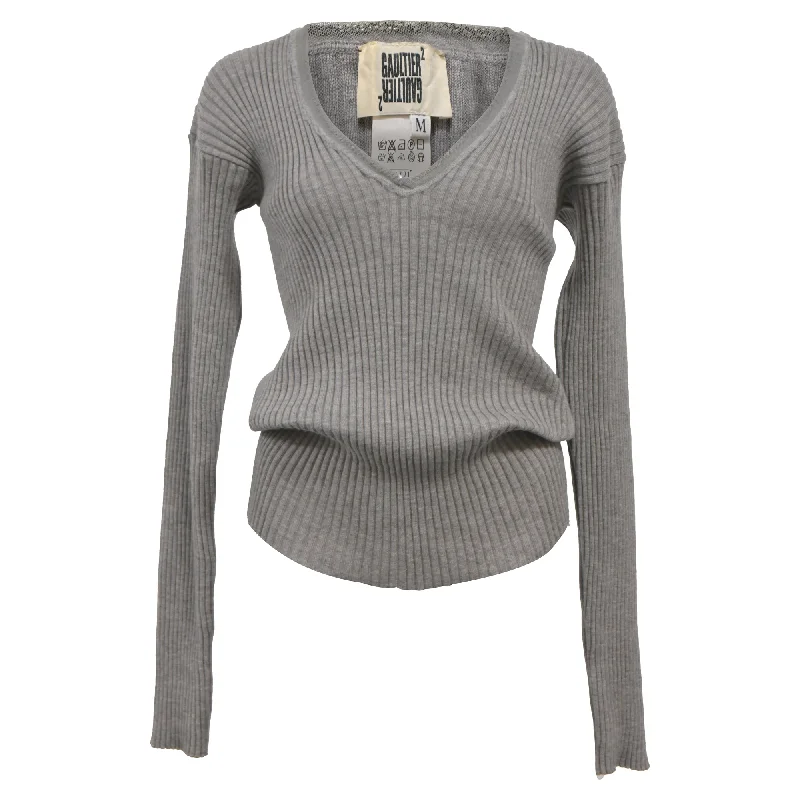 Discounted SweatersJean Paul Gaultier Ribbed Knit V-Neck Sweater in Grey Wool