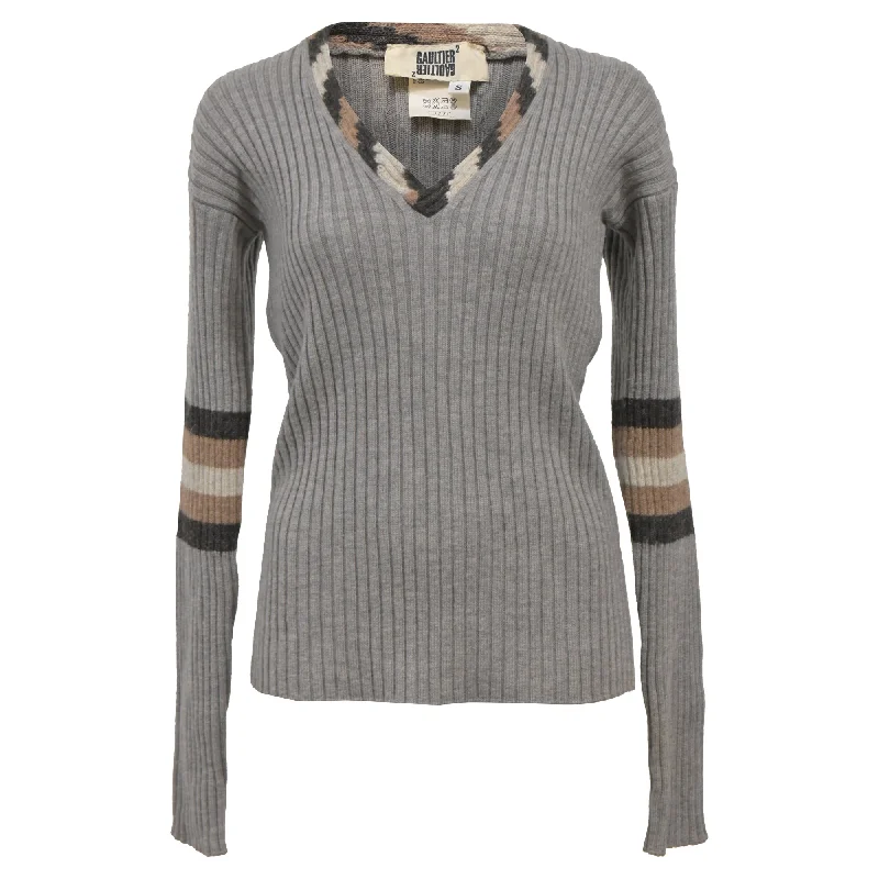 Designer SweatersJean Paul Gaultier Ribbed Knit V-Neck Sweater in Grey Wool