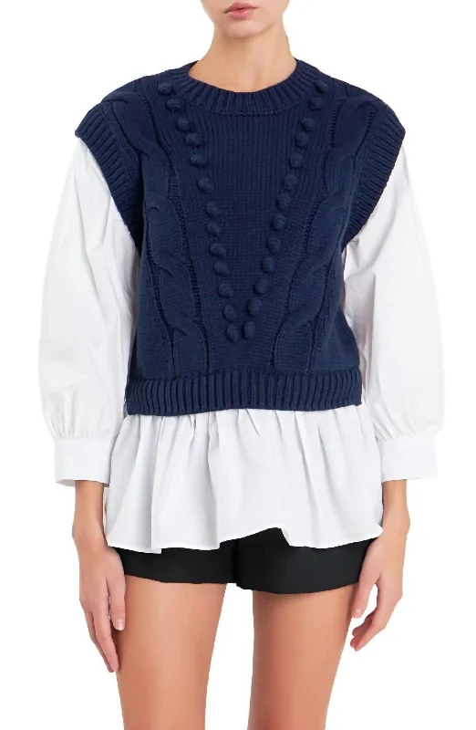 Patterned Cashmere SweatersMix Media Cable Sweater In Navy/white